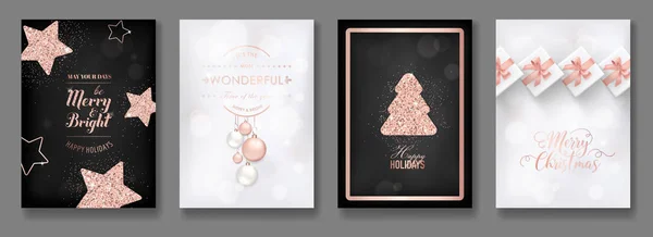 一套优雅的圣诞和新年2019卡与闪亮的玫瑰金色闪光圣诞球, 星星, 雪花为问候, 邀请, 传单, 小册子, 封面在矢量 — 图库矢量图片