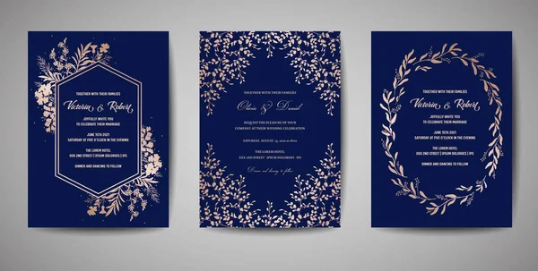 豪華な結婚式は、日付、金箔花と葉と花輪招待海軍カード コレクションを保存します。トレンディなカバー、グラフィック ポスター、幾何学的な花のパンフレット、デザイン テンプレートをベクトルします。 — ストックベクタ