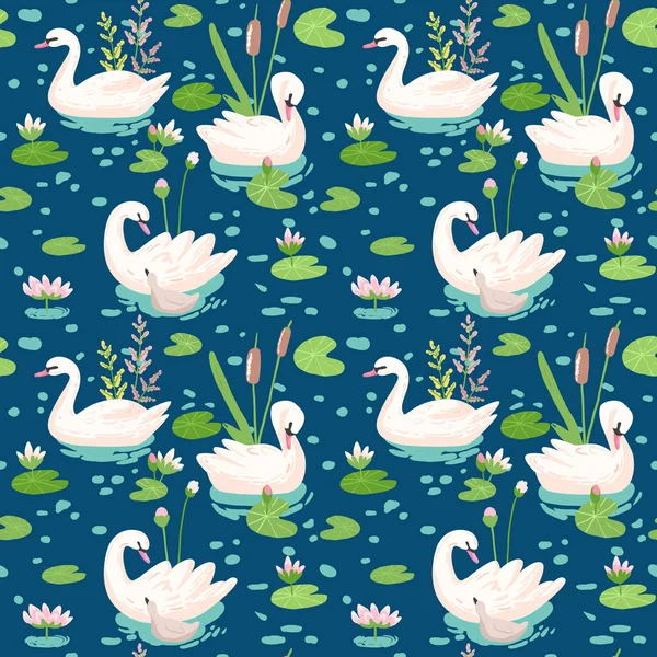 Krásný vzor bezešvé bílé labutě a vodní Lillies, použijte pro Baby pozadí, textilní tisky, potahy, tapety, plakáty. Vektorové ilustrace — Stockový vektor