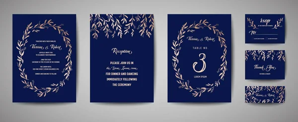 豪華な結婚式は、日付、招待ゴールド箔ユーカリと海軍のカード コレクションの葉および花輪を保存します。トレンディなカバー、グラフィック ポスター、幾何学的な花のパンフレット、デザイン テンプレートをベクトルします。 — ストックベクタ