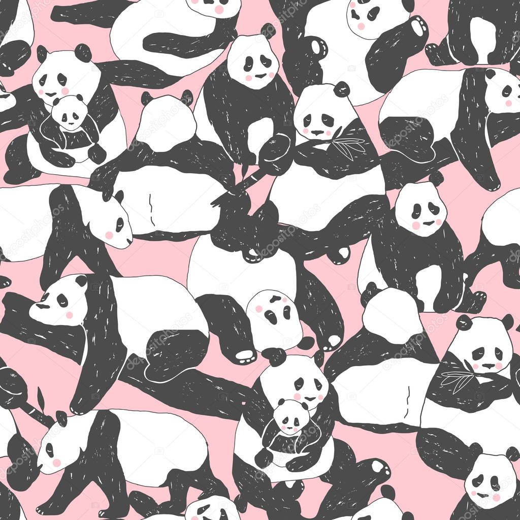 Cute Panda bear Crowded Seamless Pattern illustration for Textile Print, Poster, Cover, Children and Nursery Room, Wallpaper in vector