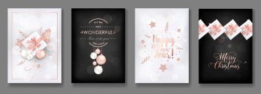Zarif Merry Christmas ve yeni yıl 2019 kartları parlayan Rose altın Glitter Noel topları ile ayarla, yıldız, selamlar, davet, el ilanı, broşür, için kar taneleri kapak vektörde