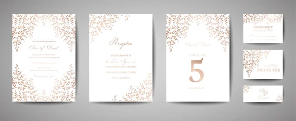 Luxusní svatební svatební oznámení, pozvání karty kolekce s zlaté fólie listy a věnec. Vektorové módní kryt, grafický plakát, Geometrická květinový brožura, šablona návrhu — Stockový vektor
