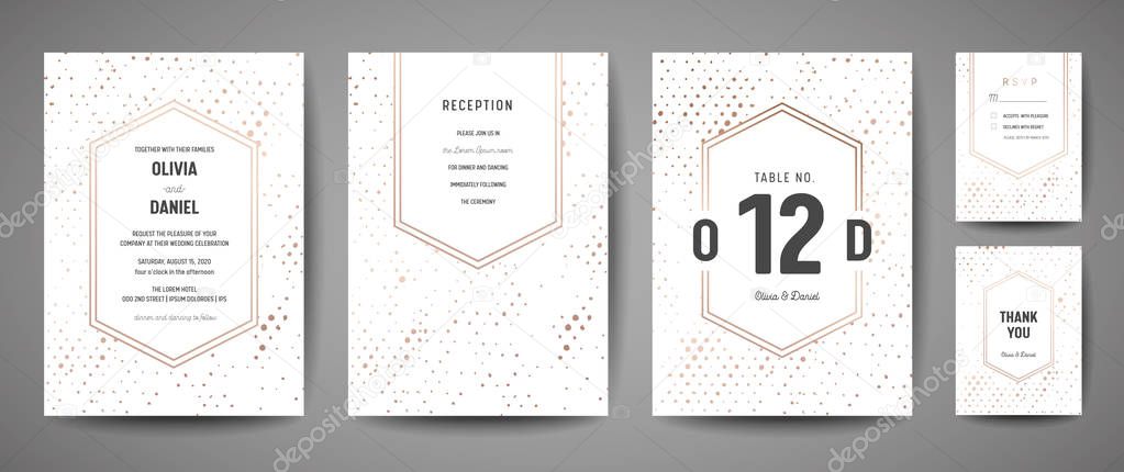 Luxury Wedding Save the Date, Invitation Cards Collection with Gold Foil Polka Dots and Monogram Logo vector design template