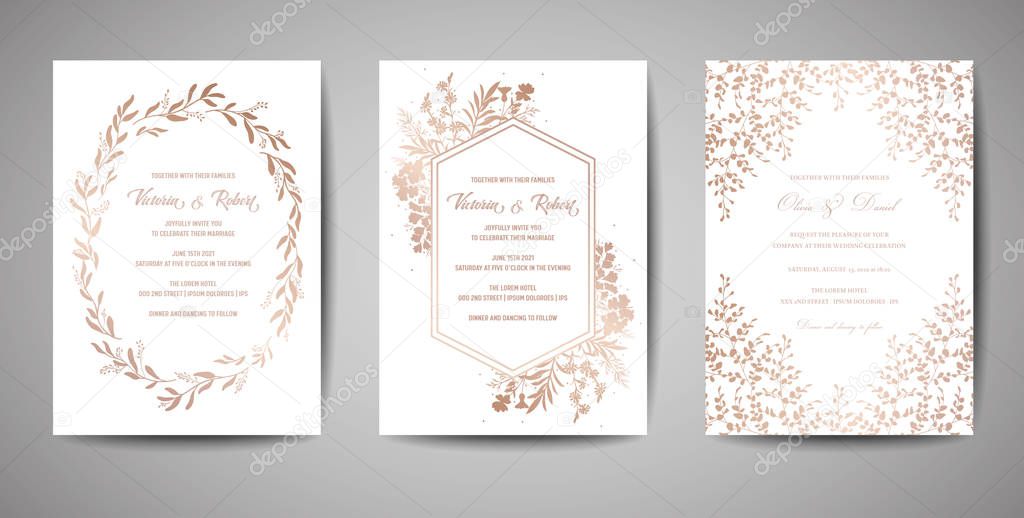 Luxury Wedding Save the Date, Invitation Cards Collection with Gold Foil Flowers and Leaves and Wreath. Vector trendy cover, graphic poster, geometric floral brochure, design template