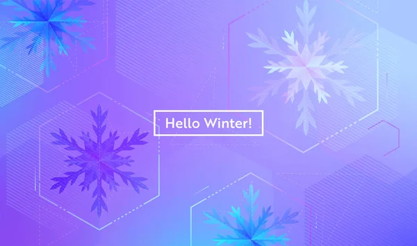 Hola Diseño de invierno con copos de nieve para Web, Página de aterrizaje, Banner, Póster, Plantilla del sitio web. Fondo de temporada de Navidad nieve para la aplicación móvil, Redes Sociales. Ilustración vectorial — Archivo Imágenes Vectoriales