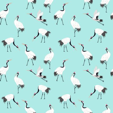 Seamless modeli Japon vinçler ile Retro kuş arka plan, moda Yazdır, Doğum günü Japon dekorasyon ayarla. Vektör çizim