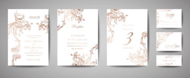 Lüks düğün tarihi, daveti kaydedin kartları altın folyo çerçeve ve çelenk ile toplama. Vektör trendy kapak, grafik afiş, retro broşür, tasarım şablonu