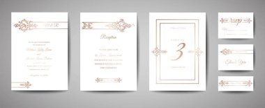 Lüks düğün tarihi, daveti kaydedin kartları altın folyo çerçeve ve çelenk ile toplama. Vektör trendy kapak, grafik afiş, retro broşür, tasarım şablonu