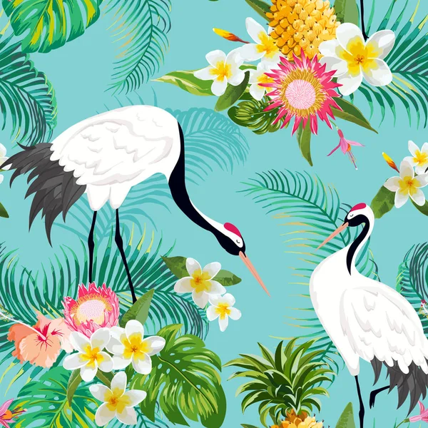 Seamless Pattern with Japanese Cranes and Tropical Flowers, Retro Floral Background, Fashion Print, Birthday Japanese Decoration Set. Vector Illustration — Stock Vector