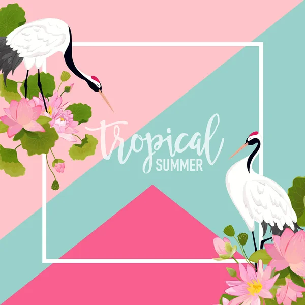 Crane Birds, Lotus Flowers and Leaves Summer Banner, Tropical Graphic Background, Convite Floral Exótico, Folheto ou cartão. Página frontal moderna em Vector — Vetor de Stock