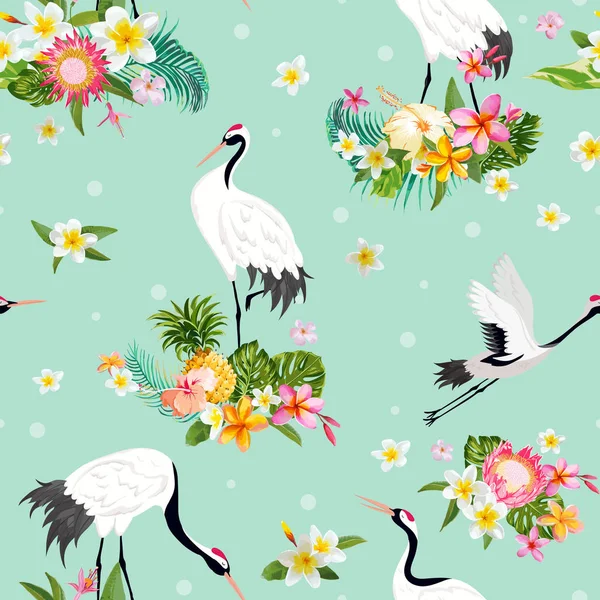 Seamless Pattern with Japanese Cranes and Tropical Flowers, Retro Bird Background, Floral Fashion Print, Birthday Japanese Decoration Set. Vector Illustration — Stock Vector