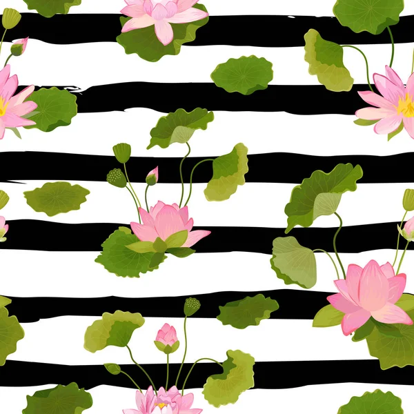 Seamless mönster med lotusblommor och blad, Retro tropiska blommig bakgrund för mode Print, födelsedag dekoration tapeter. Vektorillustration — Stock vektor