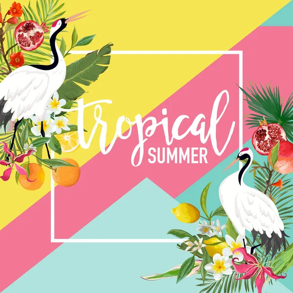 Pássaro de guindaste tropical, limão, frutas de romã, banner de verão de flores, fundo gráfico, convite floral exótico, panfleto ou cartão. Página frontal moderna em Vector — Vetor de Stock