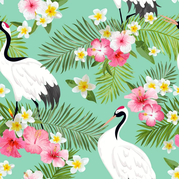 Patrón sin costuras con grúas japonesas y flores tropicales, fondo de pájaro retro, impresión de moda floral, conjunto de decoración japonesa de cumpleaños. Ilustración vectorial — Vector de stock