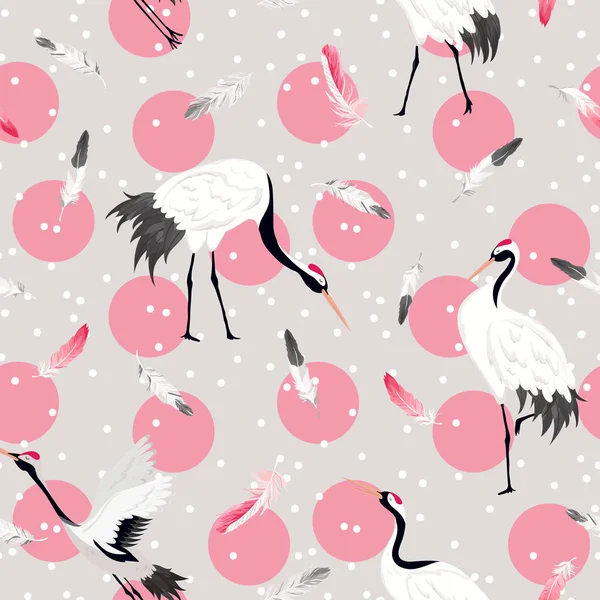 Бесшовный рисунок с японскими журавлями и тропическими цветами, задний план ретро-птицы, цветочная печать моды, праздничный японский декоративный набор. Векторная миграция — стоковый вектор