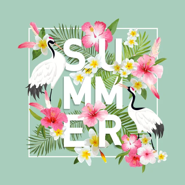 Grafische Illustration japanischer Kraniche und tropischer Blumen für T-Shirt-Design, Modedrucke, Banner, Flyer in Vektorform — Stockvektor