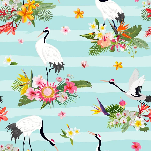 Seamless Pattern with Japanese Cranes, Retro Bird Background, Fashion Print, Birthday Japanese Decoration Set. Vector Illustration — Stock Vector