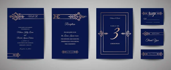 Casamento Vintage de luxo Salve a data, Convite Navy Cards Collection com moldura de folha de ouro e grinalda. Tampa da moda vetorial, cartaz gráfico, folheto retro, modelo de design — Vetor de Stock