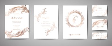 Lüks düğün tarihi, daveti kaydedin kartları altın folyo çerçeve ve çelenk ile toplama. Vektör trendy kapak, grafik afiş, retro broşür, tasarım şablonu