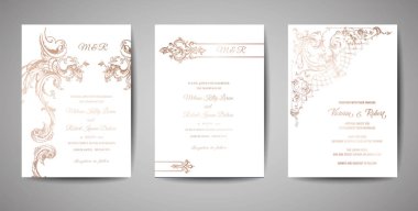 Lüks düğün kaydetmek tarihi ayarla, davet altın folyo çerçeve ve çelenk ile toplama kartları. Vektör trendy kapak, grafik afiş, retro broşür, tasarım şablonu