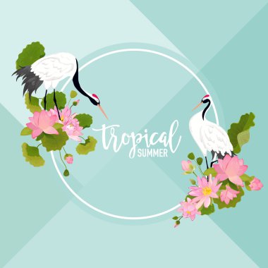 Kuşlar, Lotus çiçek ve yaprakları yaz afiş, tropikal grafik arka plan, egzotik çiçek davet, el ilanı veya kartı Modern ön sayfa vektör vinç