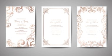 Lüks düğün kaydetmek tarihi ayarla, davet altın folyo çerçeve ve çelenk ile toplama kartları. Vektör trendy kapak, grafik afiş, retro broşür, tasarım şablonu