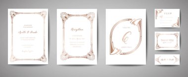 Lüks düğün tarihi, daveti kaydedin kartları altın folyo çerçeve ve çelenk ile toplama. Vektör trendy kapak, grafik afiş, retro broşür, tasarım şablonu