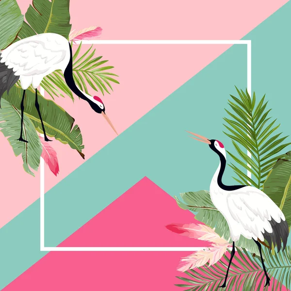 Crane Birds and Tropical Leaves Summer Banner, Graphic Background, Exotic Floral Invitation, Flyer or Card. Modern Front Page in Vector — Stock Vector