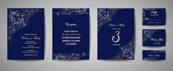 Casamento Vintage de luxo Salve a data, Convite Navy Cards Collection com moldura de folha de ouro e grinalda. Tampa da moda vetorial, cartaz gráfico, folheto retro, modelo de design —  Vetores de Stock