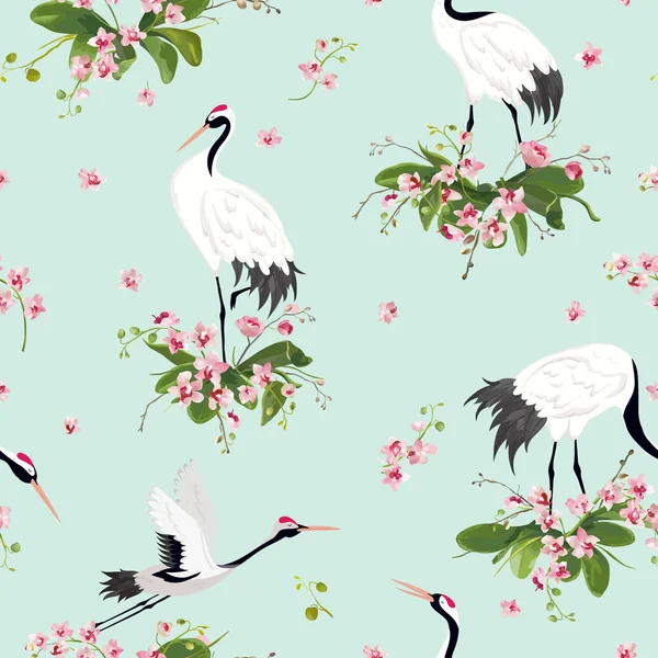 无缝模式与日本鹤和热带兰花花, 复古鸟背景, 花卉时尚印刷, 生日日本装饰集。矢量插图 — 图库矢量图片