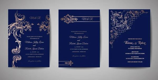 Set of Luxury Vintage Wedding Save the Date, Invitation Navy Cards Collection with Gold Foil Frame and Wreath. Vector trendy cover, graphic poster, retro brochure, design template — Stockový vektor