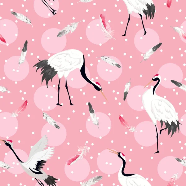 Seamless Pattern with Japanese Cranes and Tropical Flowers, Retro Bird Background, Floral Fashion Print, Birthday Japanese Decoration Set. Vector Illustration — Stock Vector