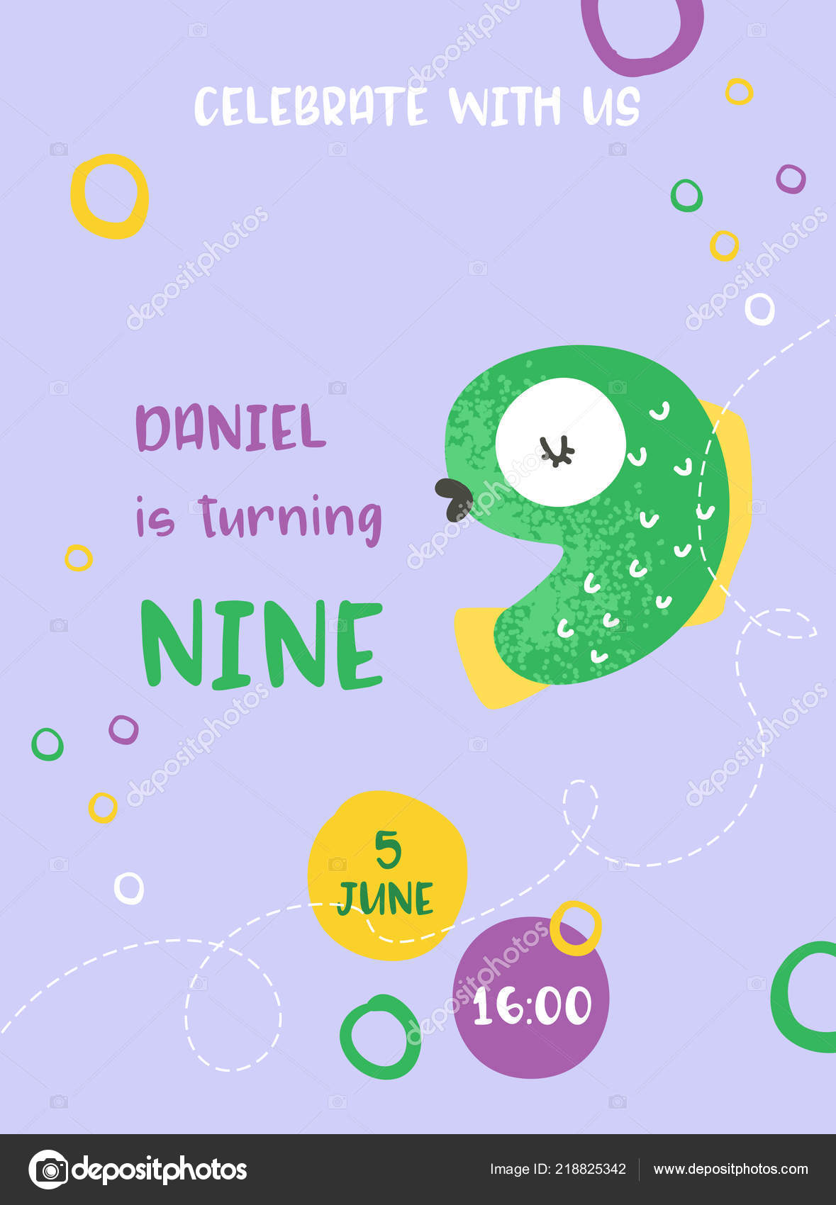 Anniversaire Bebe Mignon Carte Avec Poisson Number Nine Invitation Carte Postale Flyer Affiche Greetings Illustration Vecteur Image Vectorielle Woodhouse C