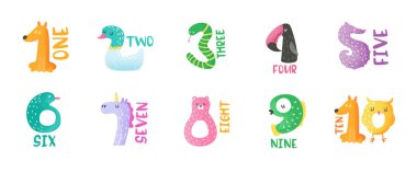 Sevimli hayvan numaraları 1 ile 9 çizilmiş vektör çizim çıkartmalar, kreş poster, bebek davetiye, el ilanı, selamlar, duvar sanatı için el