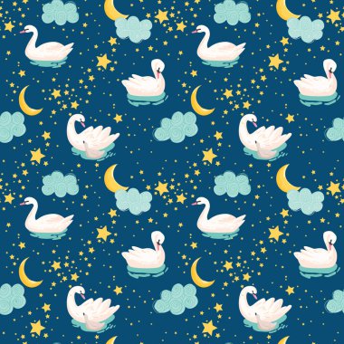 Beyaz Kuğu, ay ve yıldız, güzel Seamless modeli bebek arka plan, tekstil baskı, kapakları, duvar kağıdı, posterler için kullanın. Vektör çizim