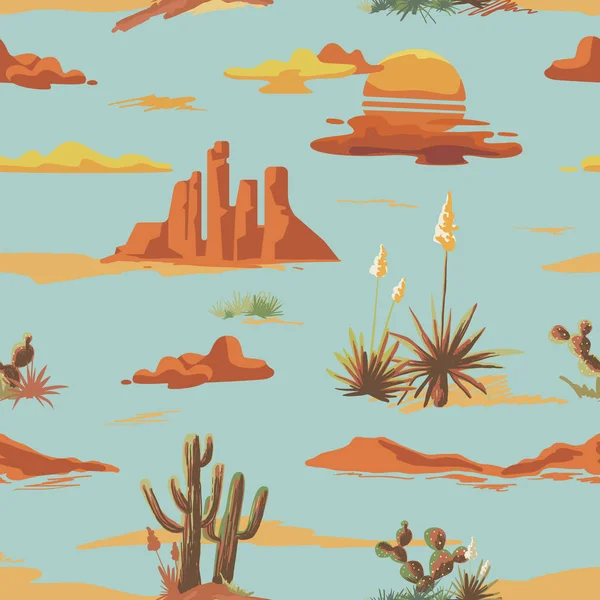 Vintage vacker sömlös öken illustration mönster. Landskap med cactus, bergen, sunset vektorbakgrund handritade stil — Stock vektor