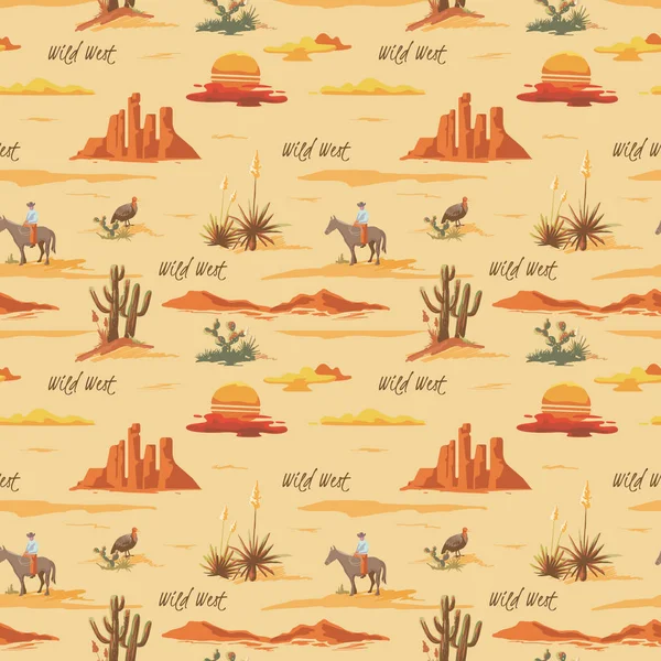 Vintage beautiful seamless desert illustration pattern. Landscape with cactus, mountains, cowboy on horse, sunset vector hand drawn style background — Stock Vector