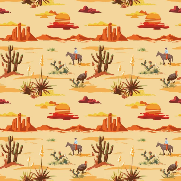 Vintage beautiful seamless desert illustration pattern. Landscape with cactus, mountains, cowboy on horse, sunset vector hand drawn style background — Stock Vector