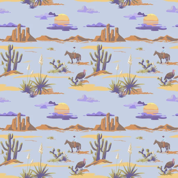 Vintage beautiful seamless desert illustration pattern. Landscape with cactus, mountains, cowboy on horse, sunset vector hand drawn style background — Stock Vector