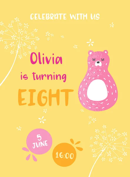 Baby leuke verjaardagskaart met Bear dier nummer acht uitnodiging briefkaart, Flyer, Poster, groeten illustratie in vector — Stockvector