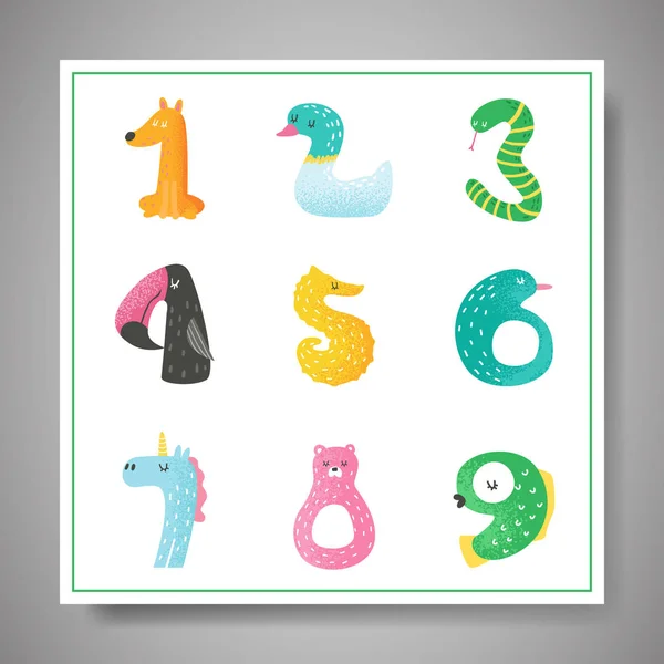 Graziosi numeri di animali da 1 a 9 illustrazione vettoriale disegnata a mano per poster di nursery, biglietto d'invito per bambini, adesivi, volantino, saluti, arte della parete — Vettoriale Stock