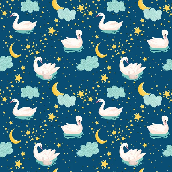 Padrão sem costura bonita com cisnes brancos, Lua e estrelas, use para fundo do bebê, estampas têxteis, capas, papel de parede, cartazes. Ilustração vetorial —  Vetores de Stock