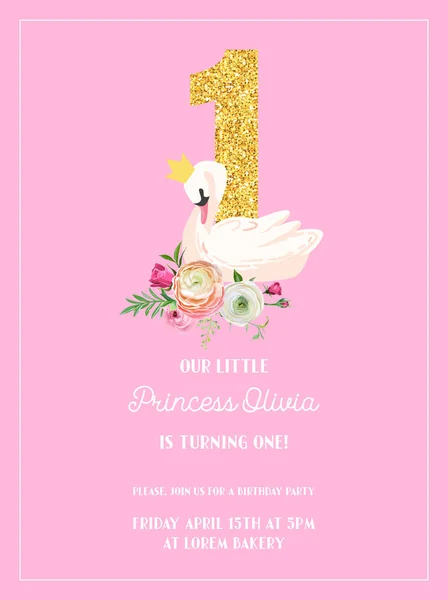 Carte d'invitation d'anniversaire de bébé avec illustration de beau cygne, fleurs et paillettes d'or numéro un, annonce d'arrivée, salutations dans le vecteur — Image vectorielle