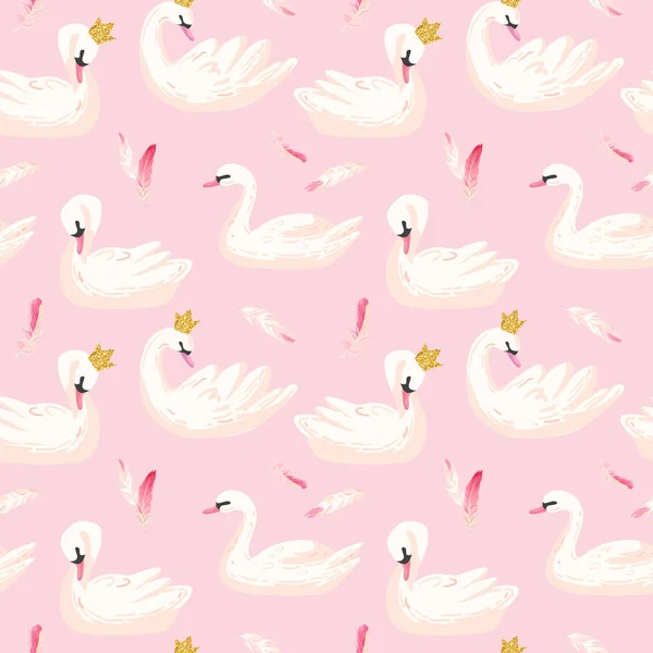 Krásný vzor bezešvé bílé labutě a růžové peří, použijte pro Baby pozadí, textilní tisky, potahy, tapety, plakáty. Vektorové ilustrace — Stockový vektor