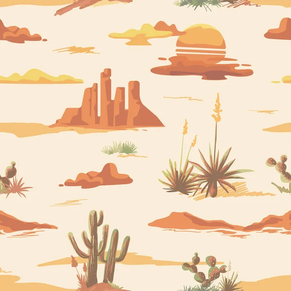Vintage schöne nahtlose Wüste Illustration Muster. Landschaft mit Kakteen, Bergen, Sonnenuntergang Vektor handgezeichneten Stil Hintergrund — Stockvektor