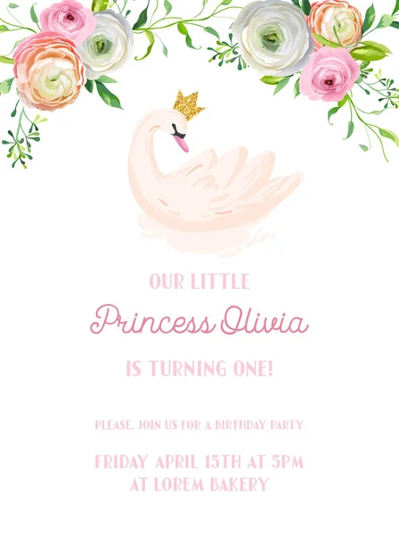 Carte d'invitation d'anniversaire de bébé avec illustration de beau cygne et fleurs, annonce d'arrivée, salutations dans le vecteur — Image vectorielle