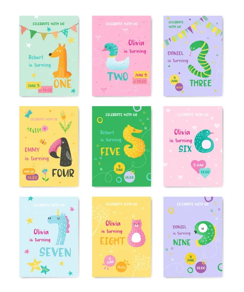 Set of Birthday Baby Cute Cards with Animal Numbers, Invitation Postcard, Flyer, Poster, Greetings Illustration in vector