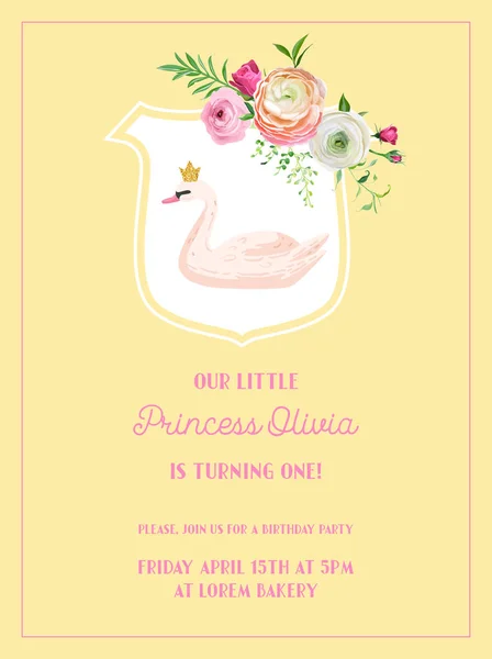 Uitnodiging baby verjaardagskaart met illustratie van mooie zwaan en bloemen, aankomst aankondiging, groeten in vector — Stockvector