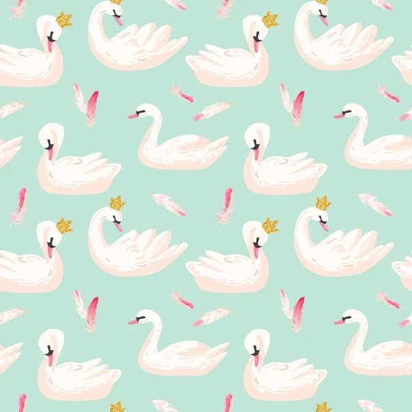 Magnifique motif sans couture avec cygnes blancs et plumes roses, utiliser pour le fond bébé, imprimés textiles, couvertures, papier peint, affiches. Illustration vectorielle — Image vectorielle